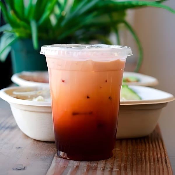 Iced Thai tea in a plastic cup with takeout containers and a green plant in the background.